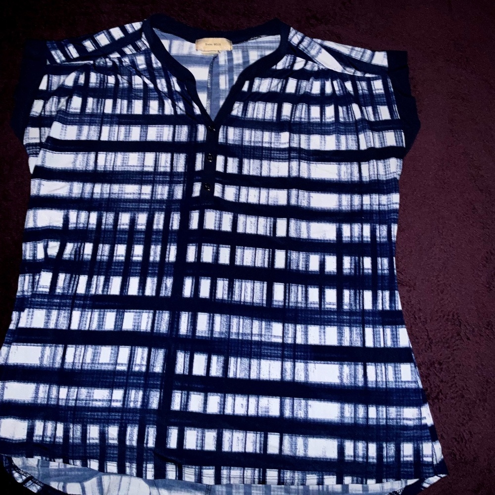 No wrinkle work blouse, size XL Navy Blue and White Abstract Plaid